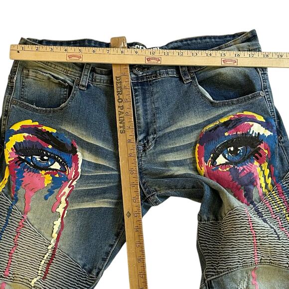 Mens Jeans Size 36/32 Streetwear Skinny Stretch Painted Eyes Colorful Graffiti - Picture 4 of 10